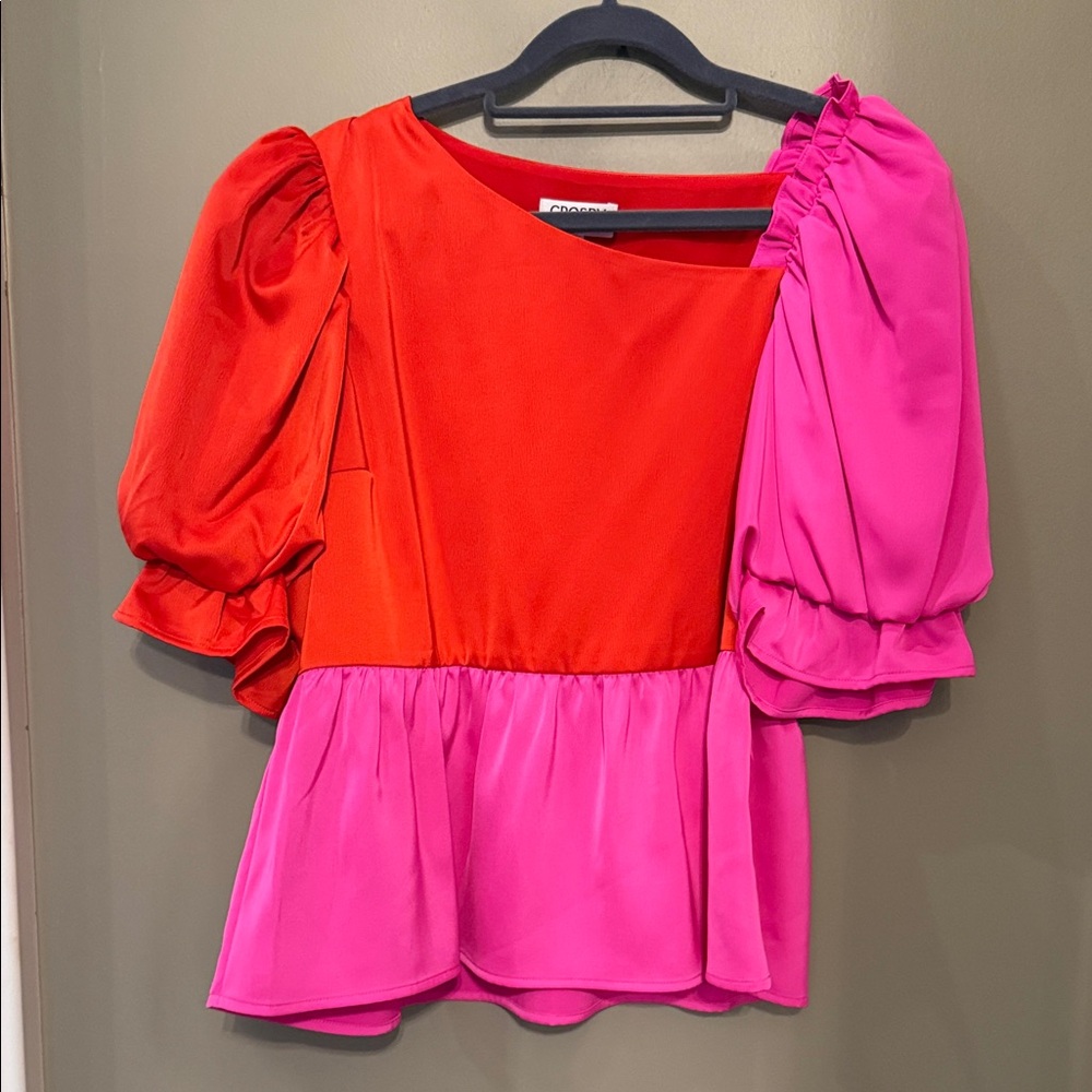 Colorblock Red and Hot Pink Puff-Sleeve Peplum Top- Crosby by Mollie Burch